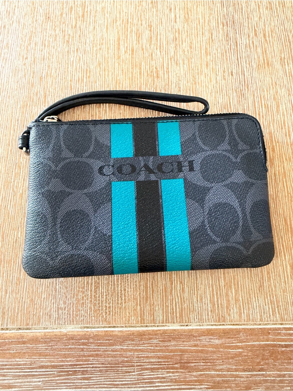 Coach Signature Wristlet in Black with Teal Racing Stripes